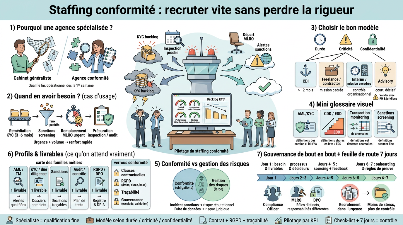 Infographie éducative sur le recrutement en conformité, présentant une agence spécialisée en staffing conformité, avec des illustrations et des KPI.