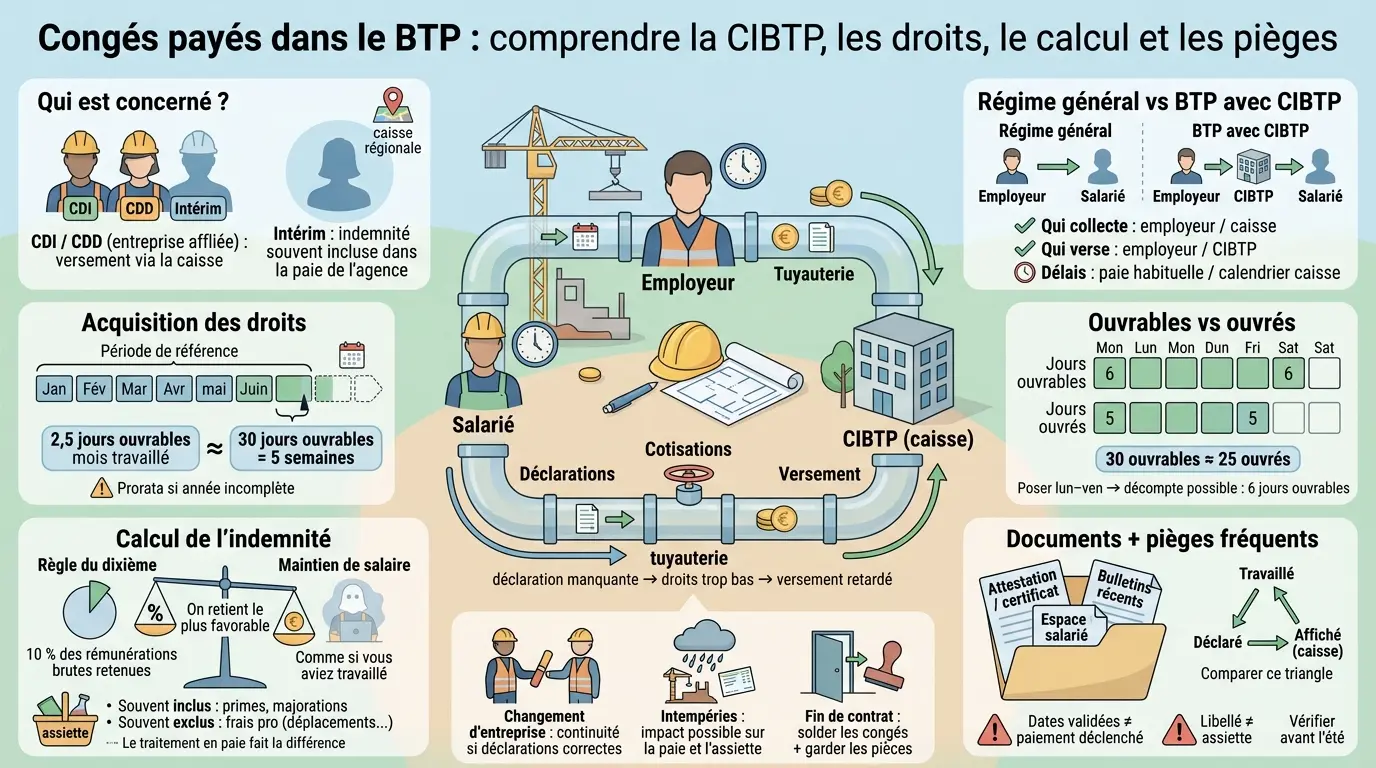 Infographie éducative sur les congés payés du bâtiment, illustrant les flux entre salarié, employeur et CIBTP.