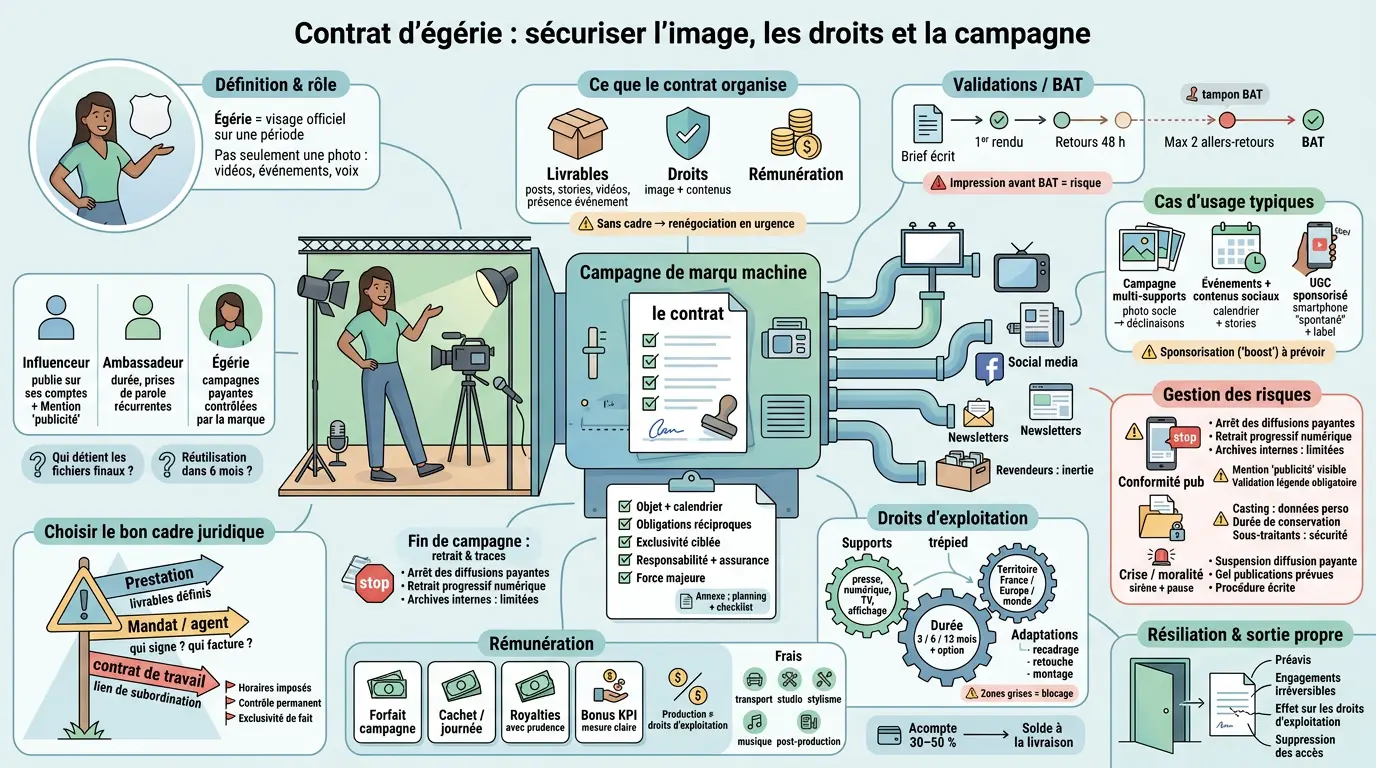 Infographie éducative sur le contrat d'égérie def, illustrant son rôle clé dans une campagne marketing avec métaphores visuelles.