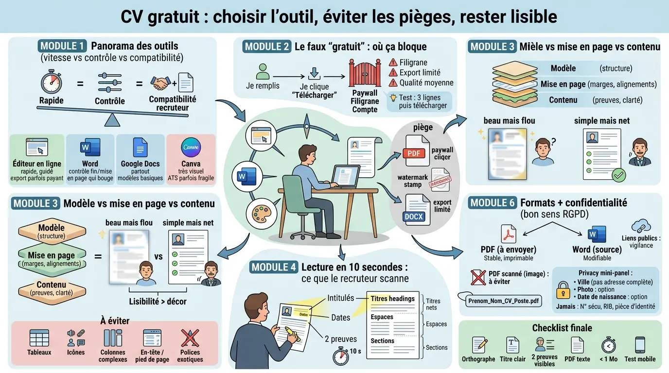 Infographie expliquant comment creer un cv gratuitement, choisir les bons outils, éviter les pièges et garantir la lisibilité.
