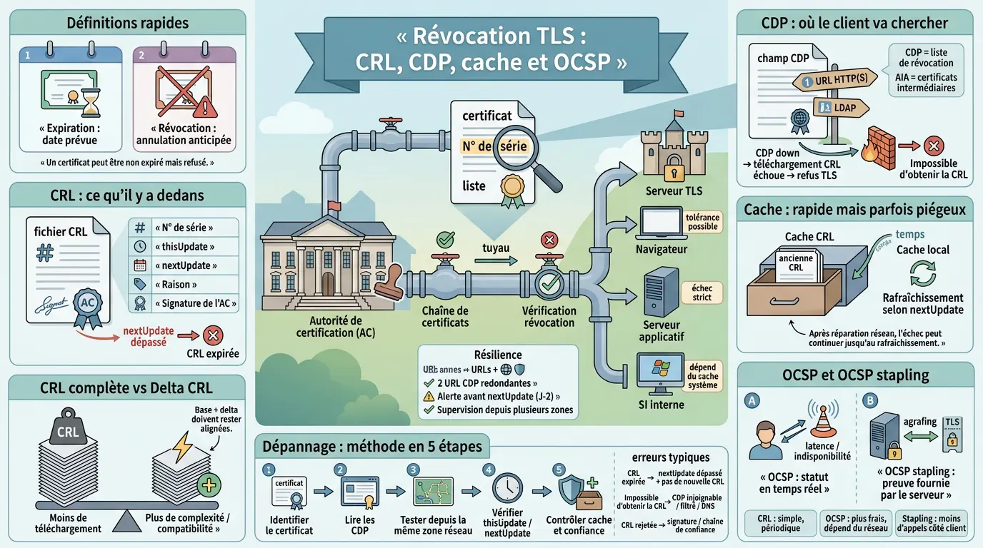 Infographie pédagogique sur la révocation TLS avec CRL, CDP, cache et OCSP, illustrant les étapes et méthodes de dépannage.