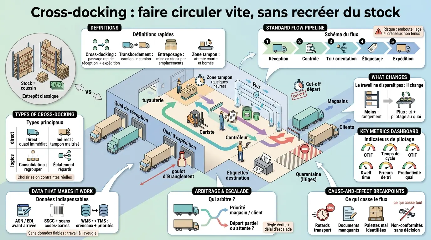Infographie sur le cross docking, illustrant une plateforme efficace avec réception, expédition et flux optimisé.