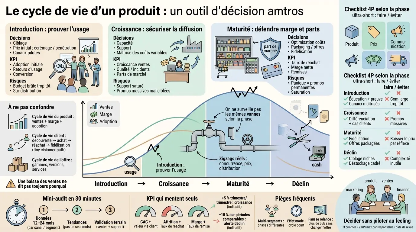 Infographie éducative sur le cycle de vie d un produit, illustrant les phases et décisions clés avec des graphiques colorés.