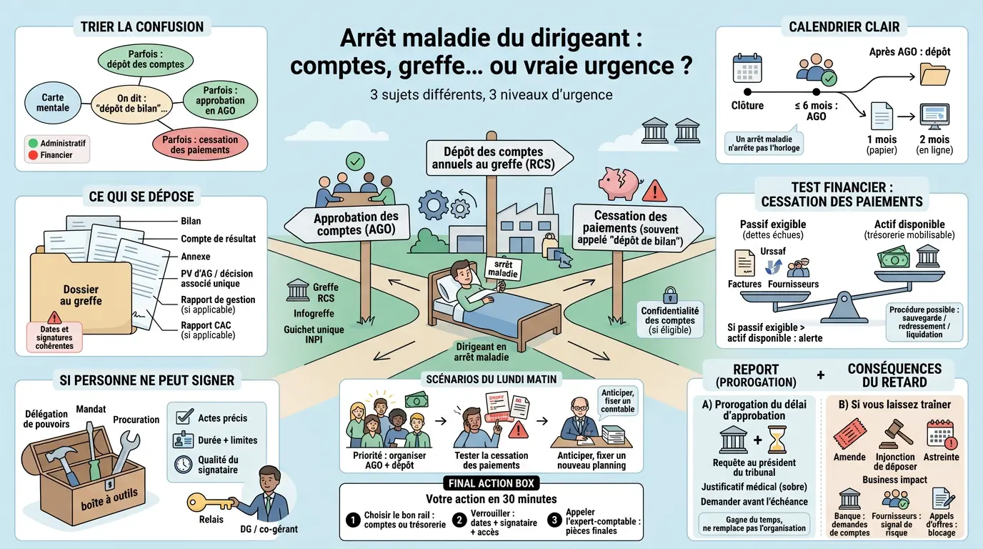 Infographie explicative sur le dépôt de bilan pendant arrêt maladie, illustrant les démarches et urgences à considérer.