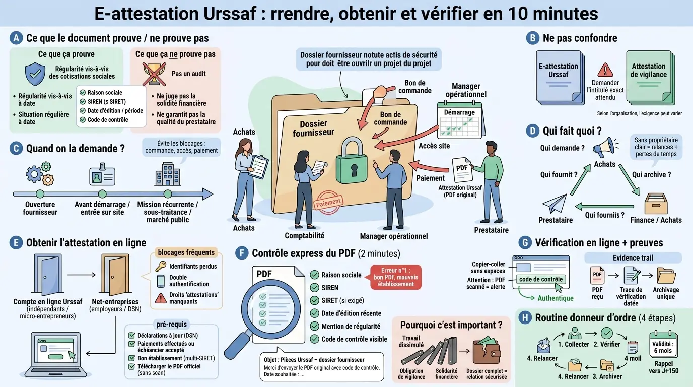 Infographie éducative sur l'e-attestation Urssaf, illustrant son importance et son processus avec des personnages et des diagrammes clairs.
