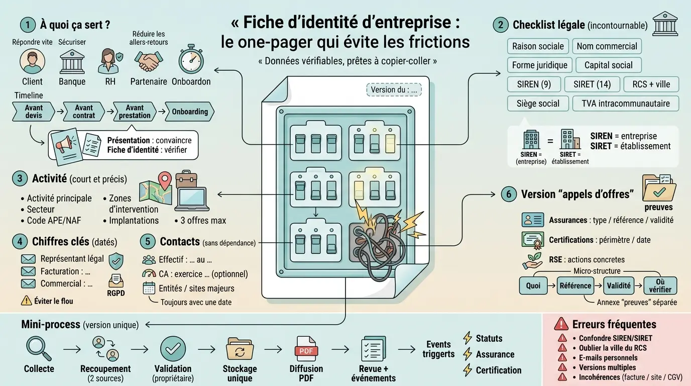 Infographie illustrant la fiche d identité entreprise avec un tableau électrique, modules clés et processus explicatifs.