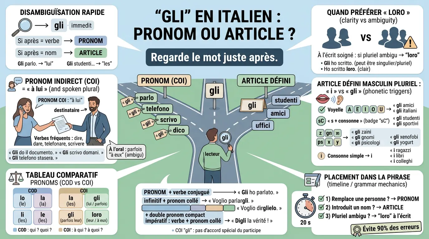 Infographie éducative sur gli, illustrant ses rôles de pronom COI et d'article défini masculin pluriel avec des exemples clairs.