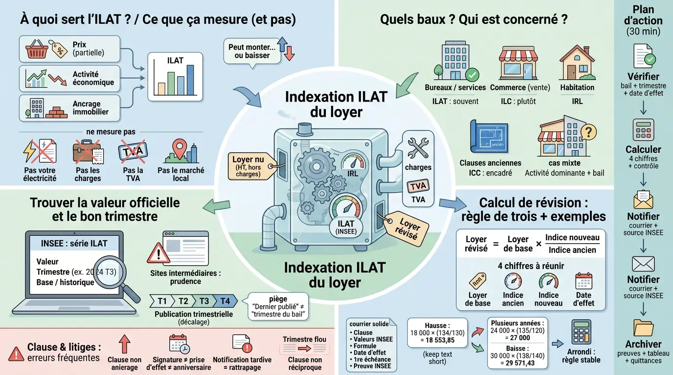 Infographie éducative sur l'indexation ILAT du loyer, illustrant les processus, baux concernés et calculs de révision.
