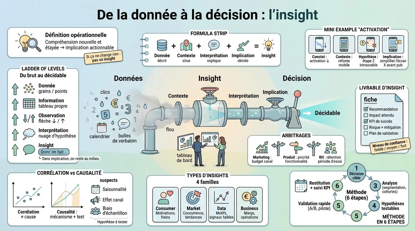Infographie éducative illustrant la définition des insights comme lien entre données et décisions, avec schémas explicatifs.