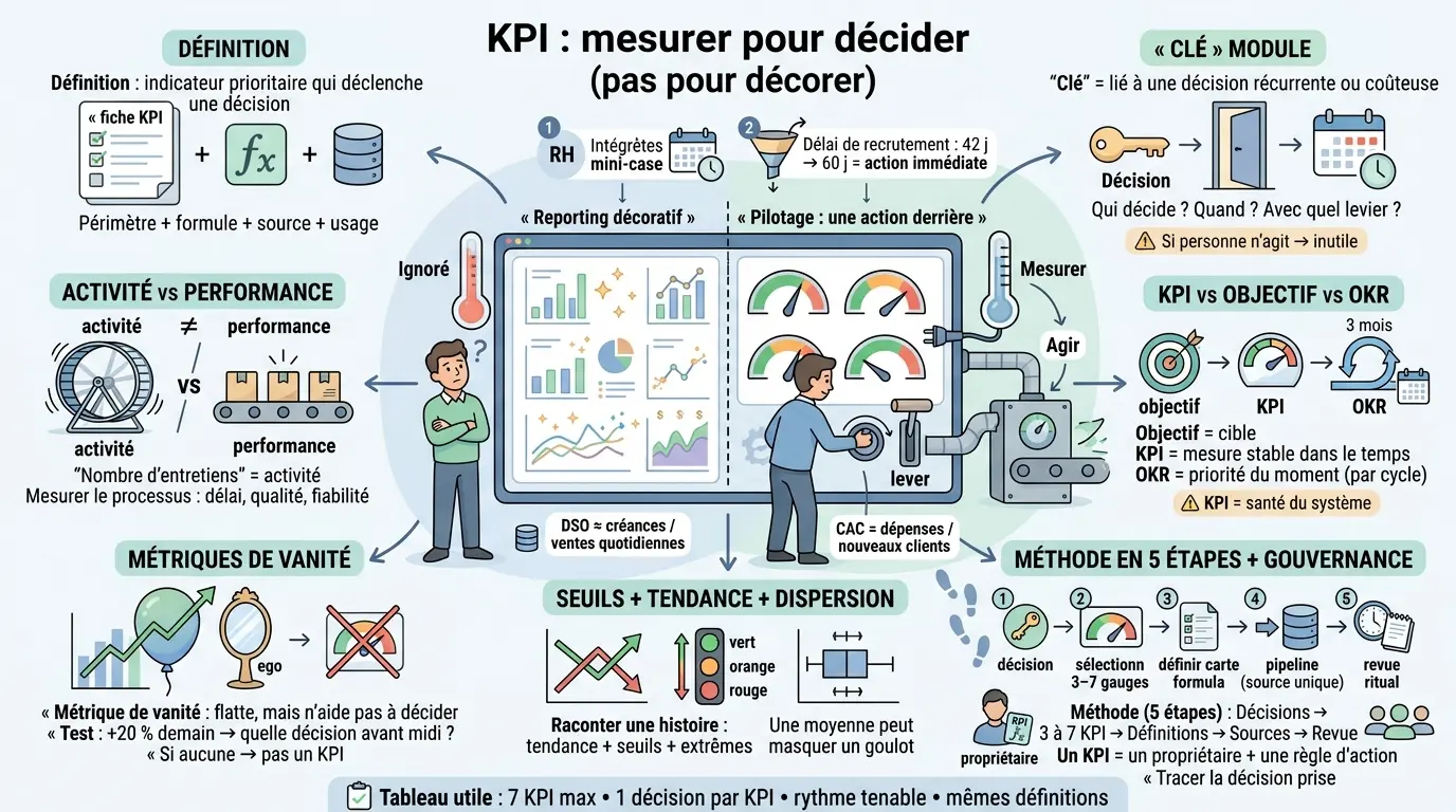 Infographie éducative illustrant la kpi signification avec un tableau de bord, des modules explicatifs et des métaphores visuelles.