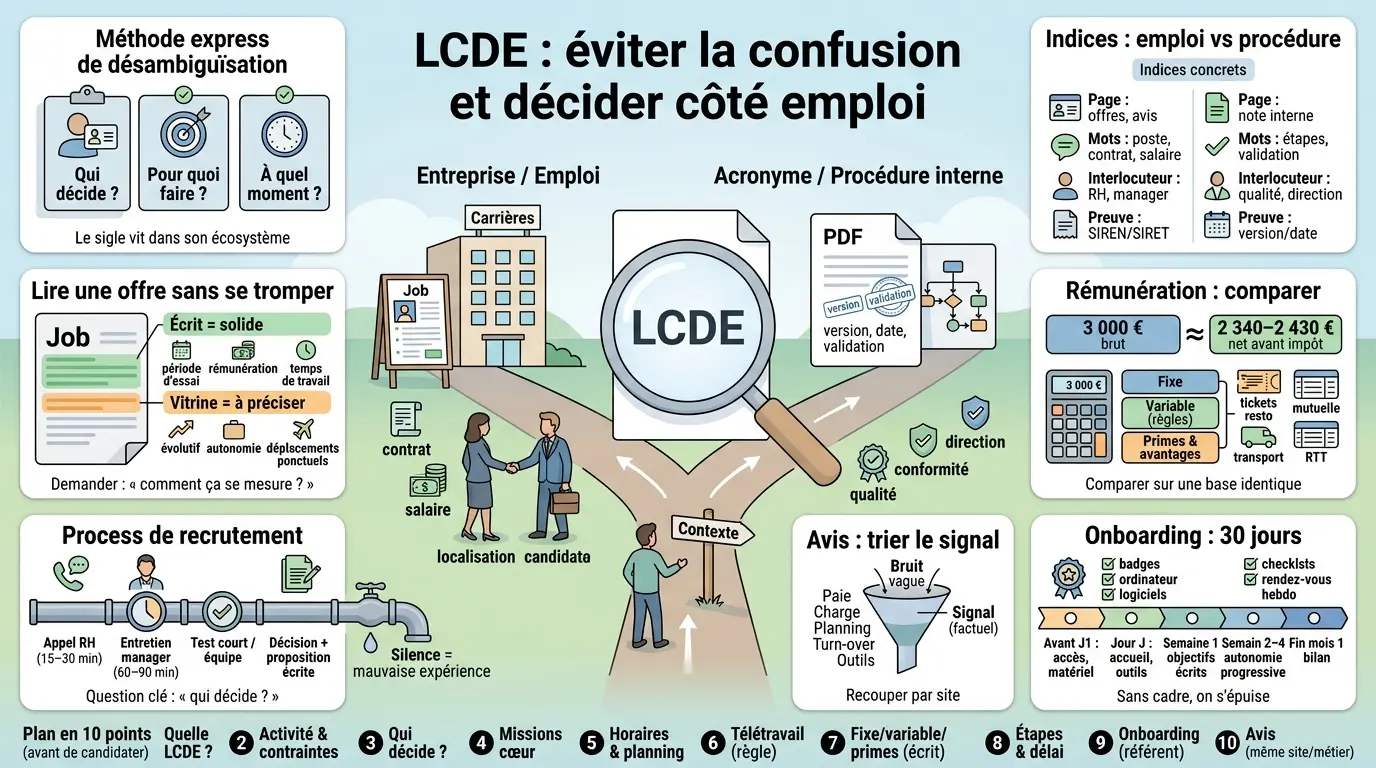 Infographie éducative sur le lcde, illustrant les choix emploi et procédure avec des modules explicatifs et des métaphores visuelles.