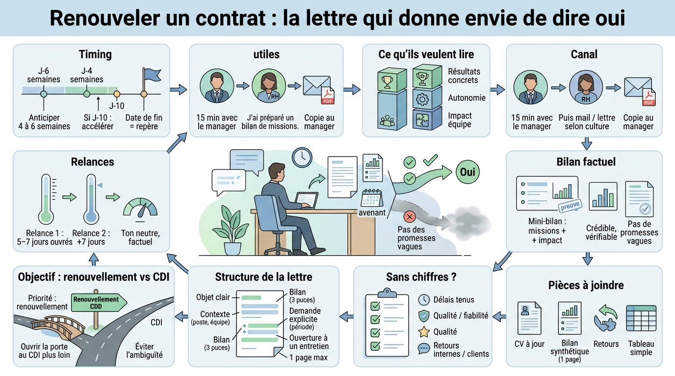 Infographie éducative illustrant la lettre de motivation pour renouveler un contrat, avec étapes et conseils visuels clairs.
