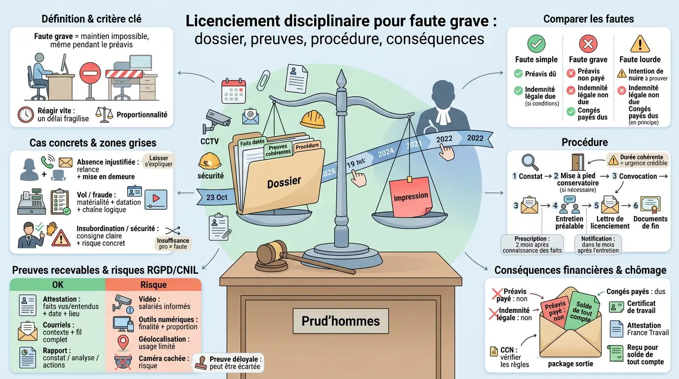 Infographie sur licenciement faute grave : dossier, preuves, procédure et conséquences, avec illustrations et schémas explicatifs.