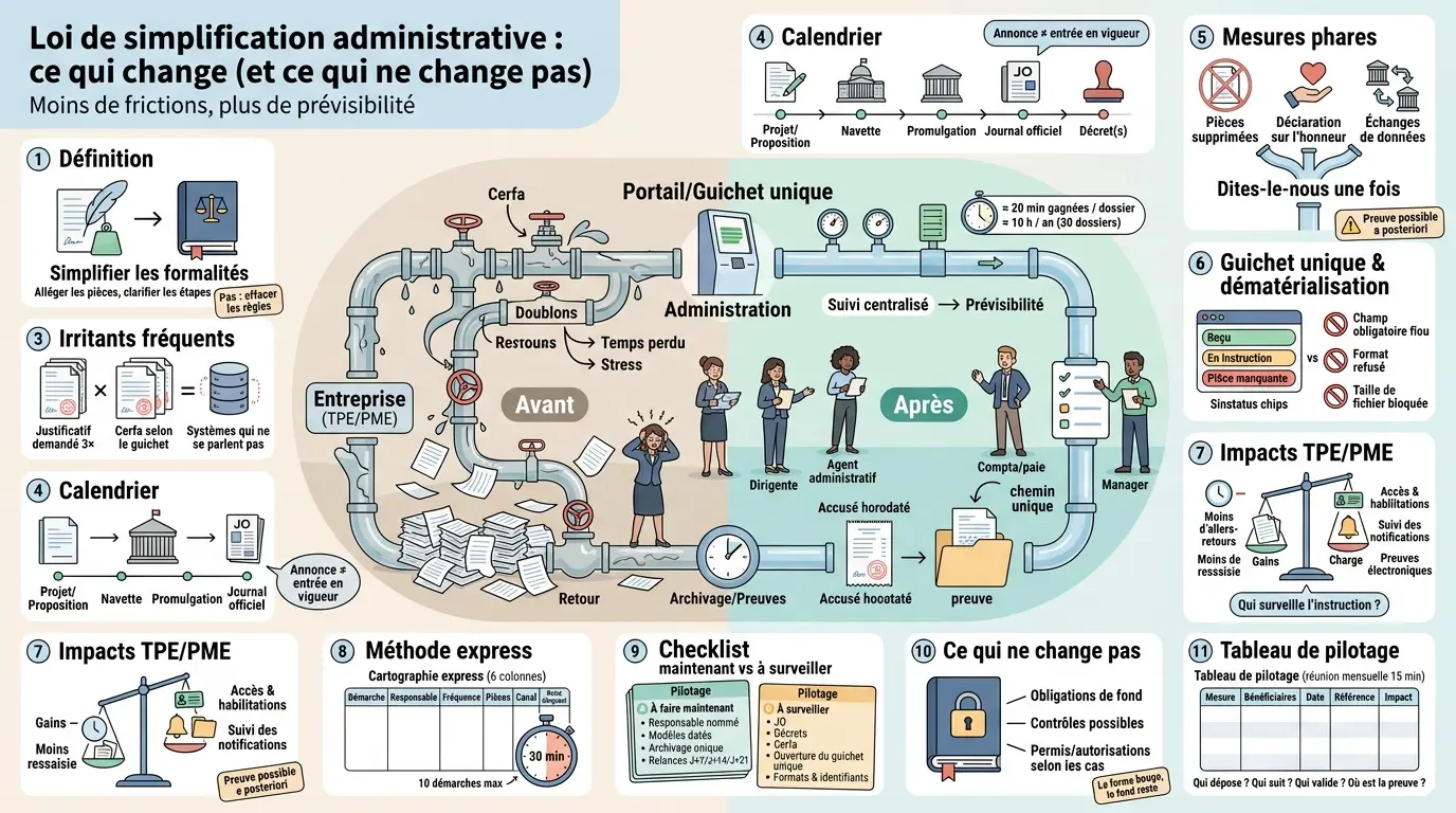 Infographie sur la loi simplification administrative, illustrant un circuit de plomberie optimisé pour les entreprises et l'administration.