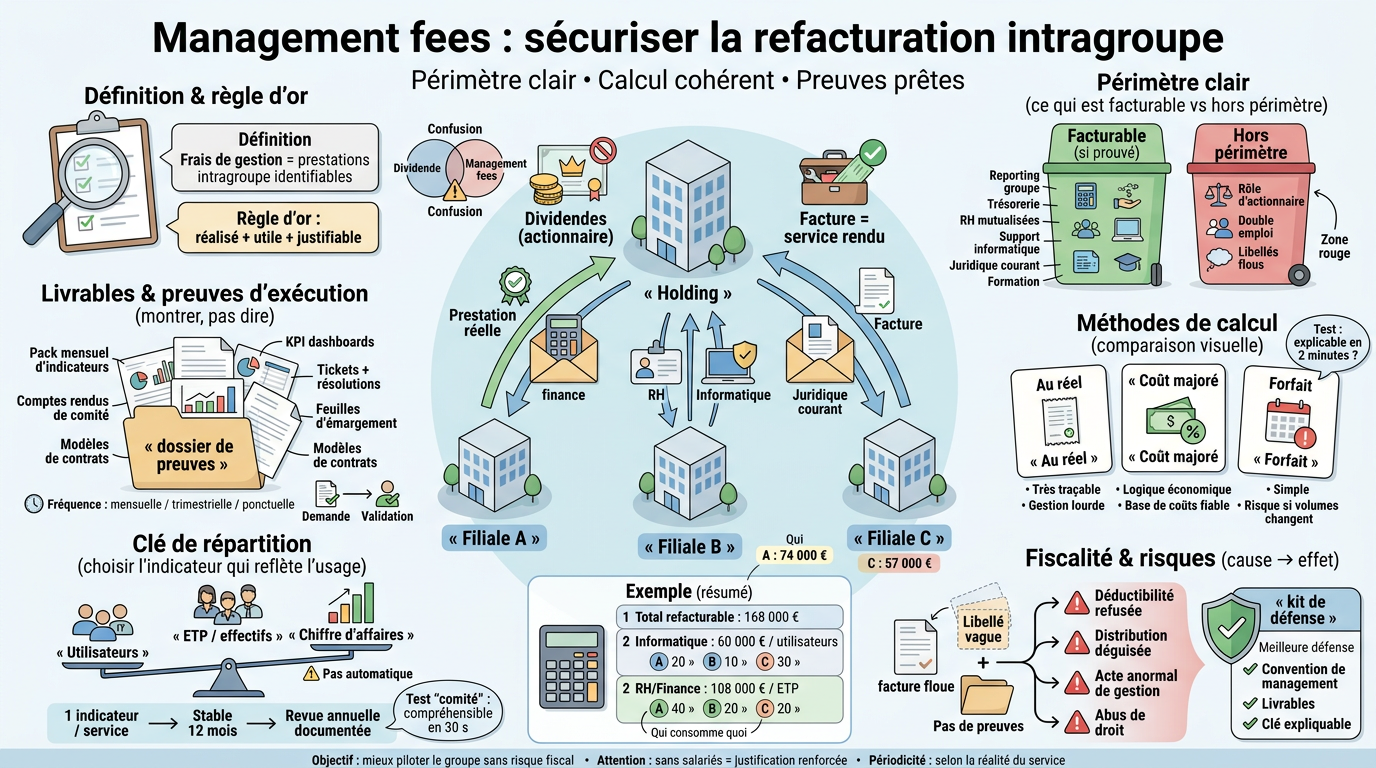 Infographie éducative sur les management fees intragroupe, illustrant la refacturation entre Holding et filiales avec des éléments visuels clairs.