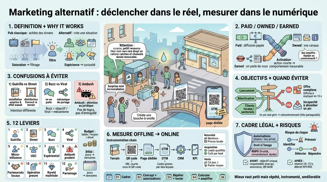 Infographie sur le marketing alternatif, illustrant des actions réelles et leur mesure numérique avec des métaphores visuelles.