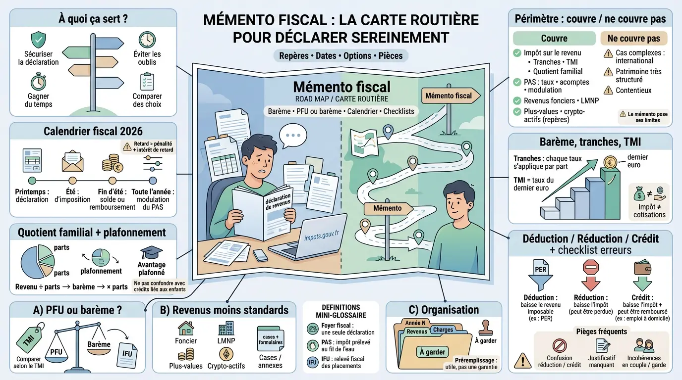Infographie éducative illustrant un memento fiscal comme carte routière, guidant une personne stressée vers une déclaration de revenus sereine.