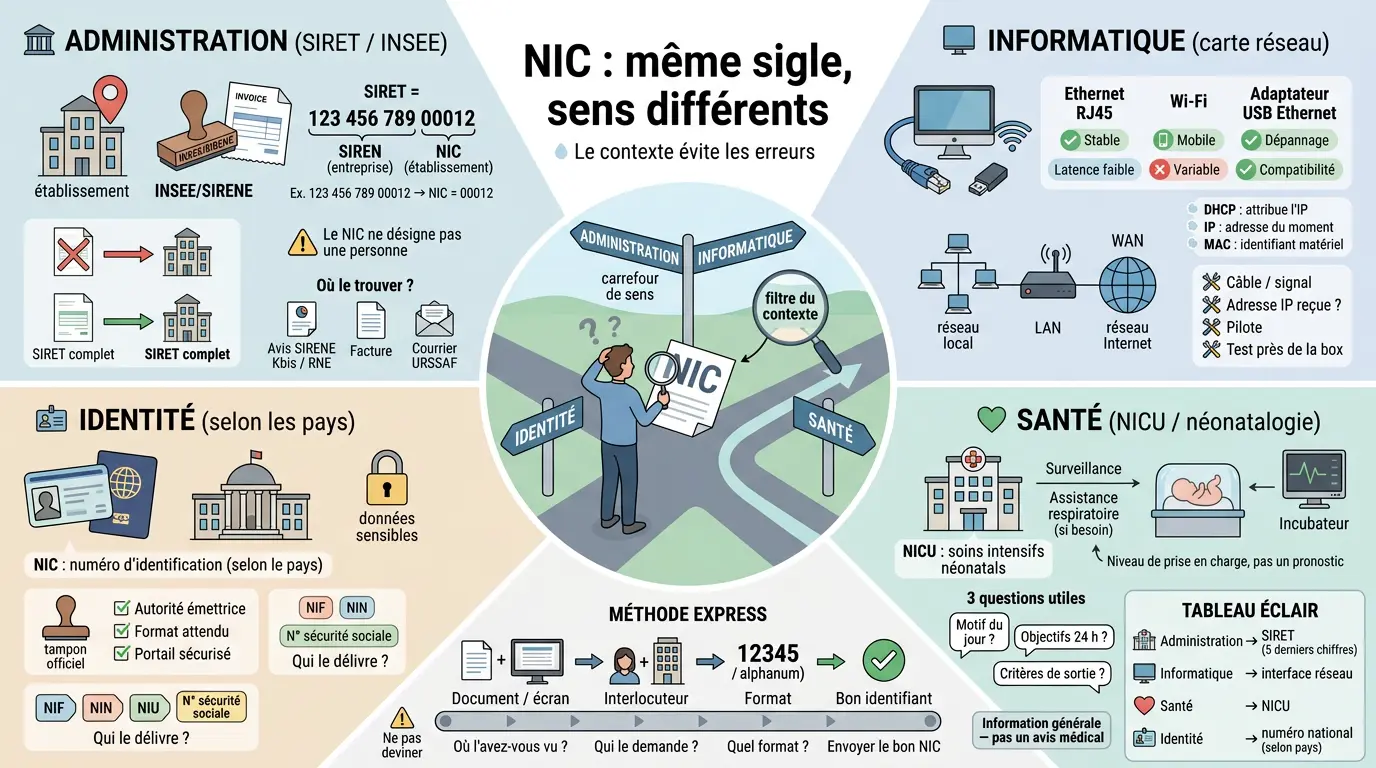 Infographie éducative sur le NIC, illustrant ses significations selon le contexte : administration, informatique, santé et identité.