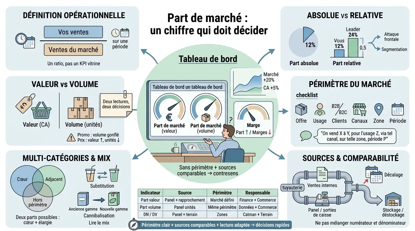 Infographie éducative sur la part marché, illustrant la confusion entre valeur et volume, avec des modules explicatifs.