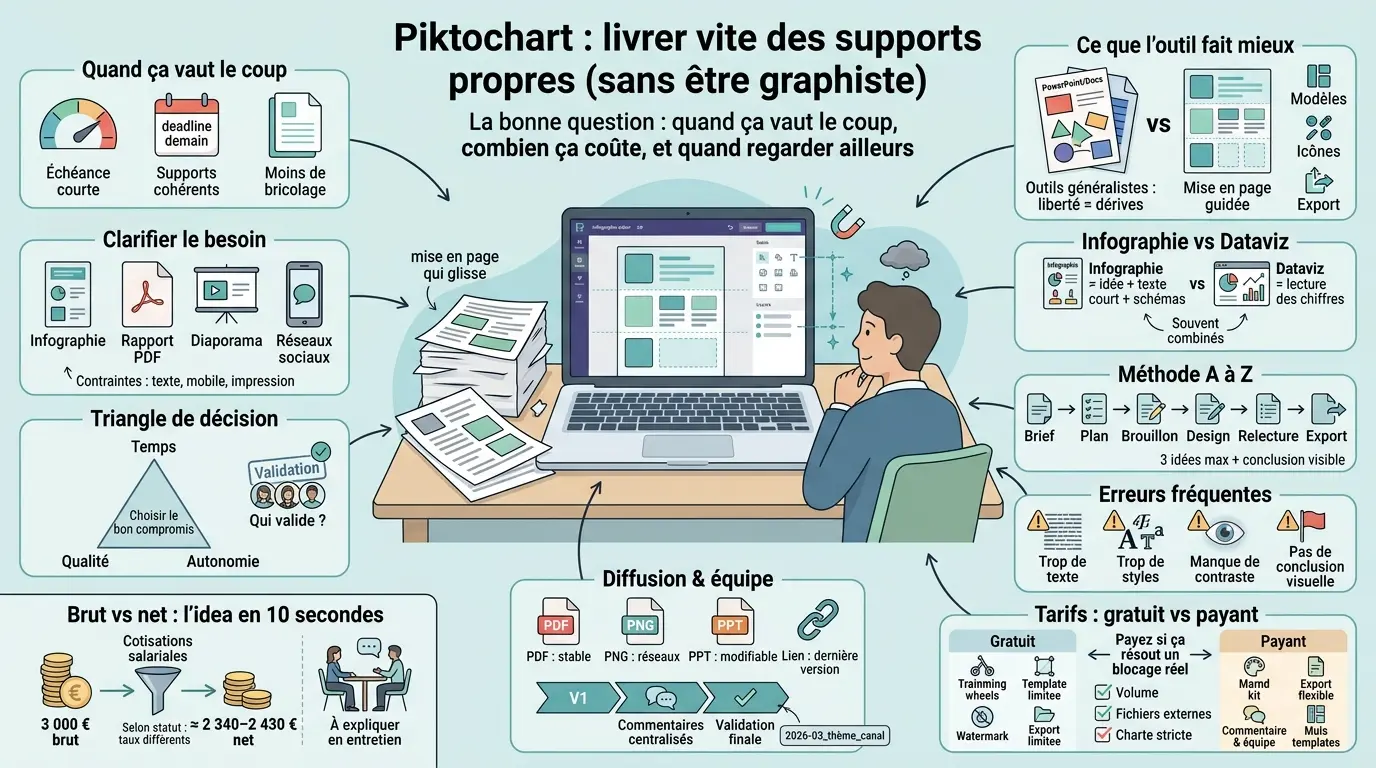 Infographie éducative sur l'utilisation de Piktochart pour créer des supports visuels propres et efficaces en un temps record.