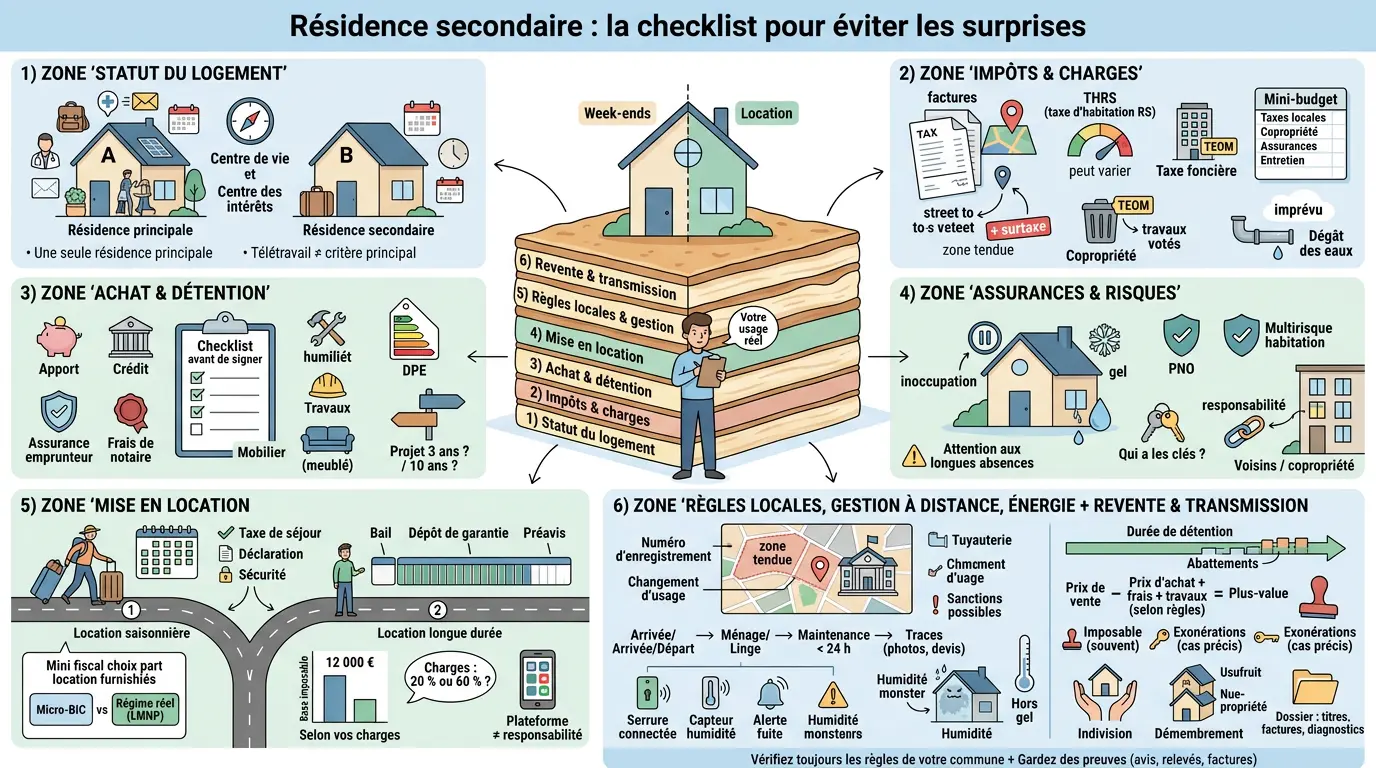 Infographie éducative sur la résidence secondaire en France, illustrant les taxes, règles et usages à travers un millefeuille.