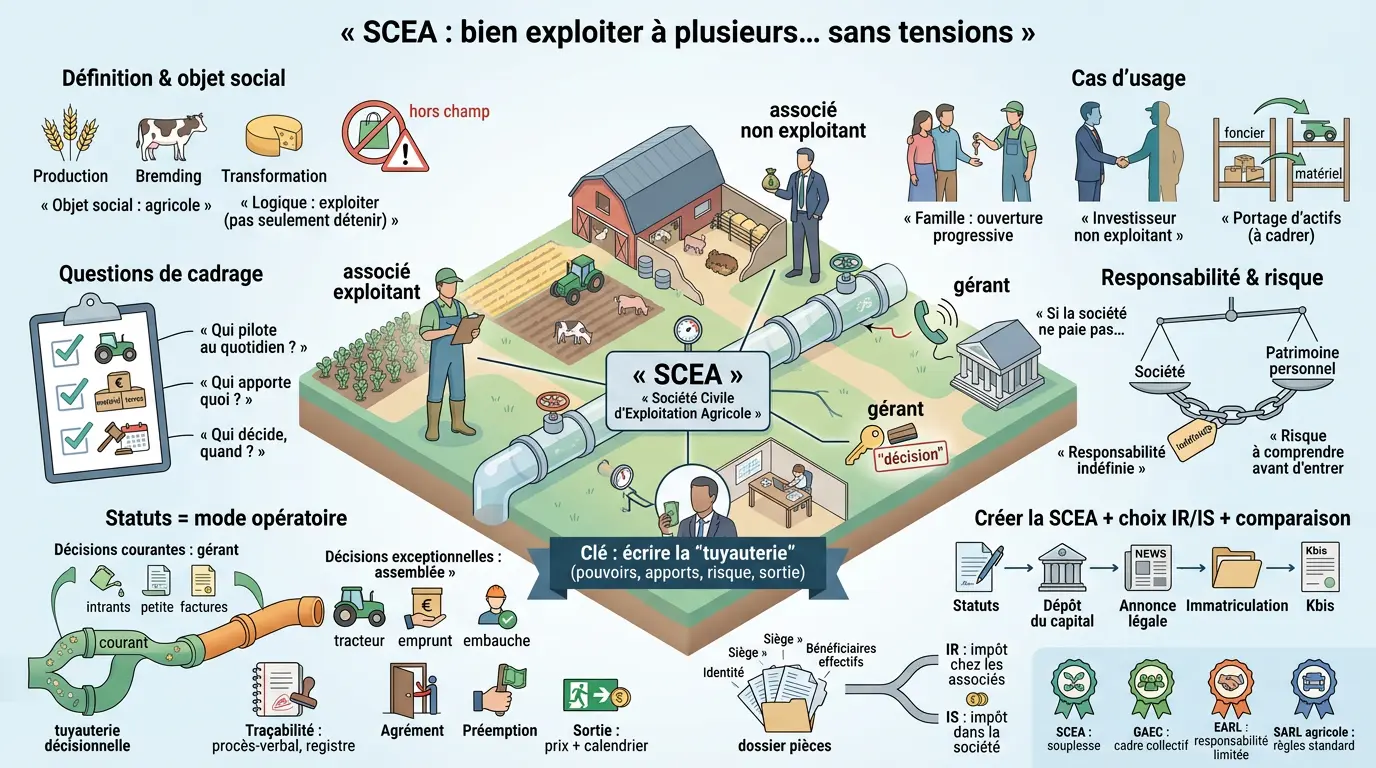 Infographie éducative sur la SCEA, illustrant une ferme avec des personnages et des métaphores visuelles pour expliquer son fonctionnement.