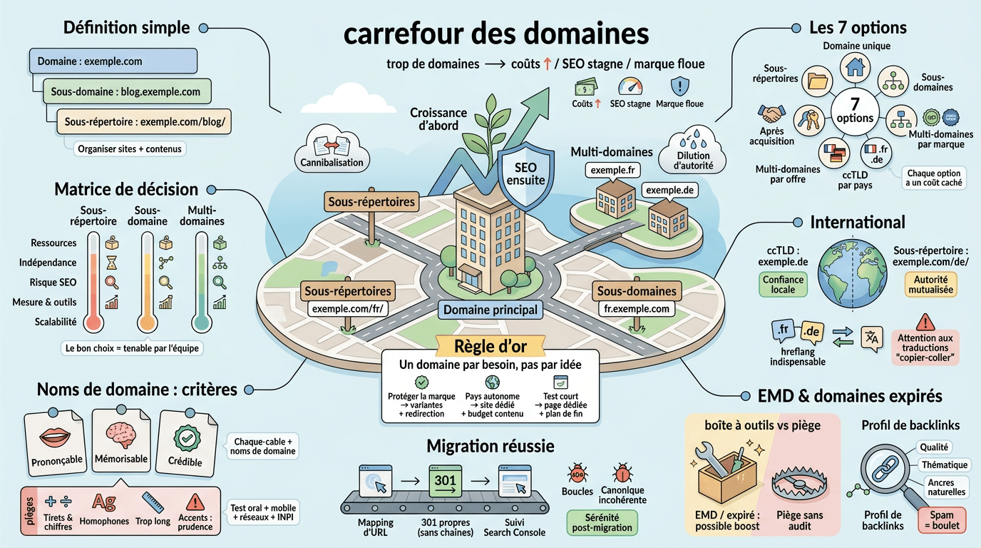Infographie illustrant les stratégies de domaines avec un carrefour, districts et options pour optimiser la croissance SEO.