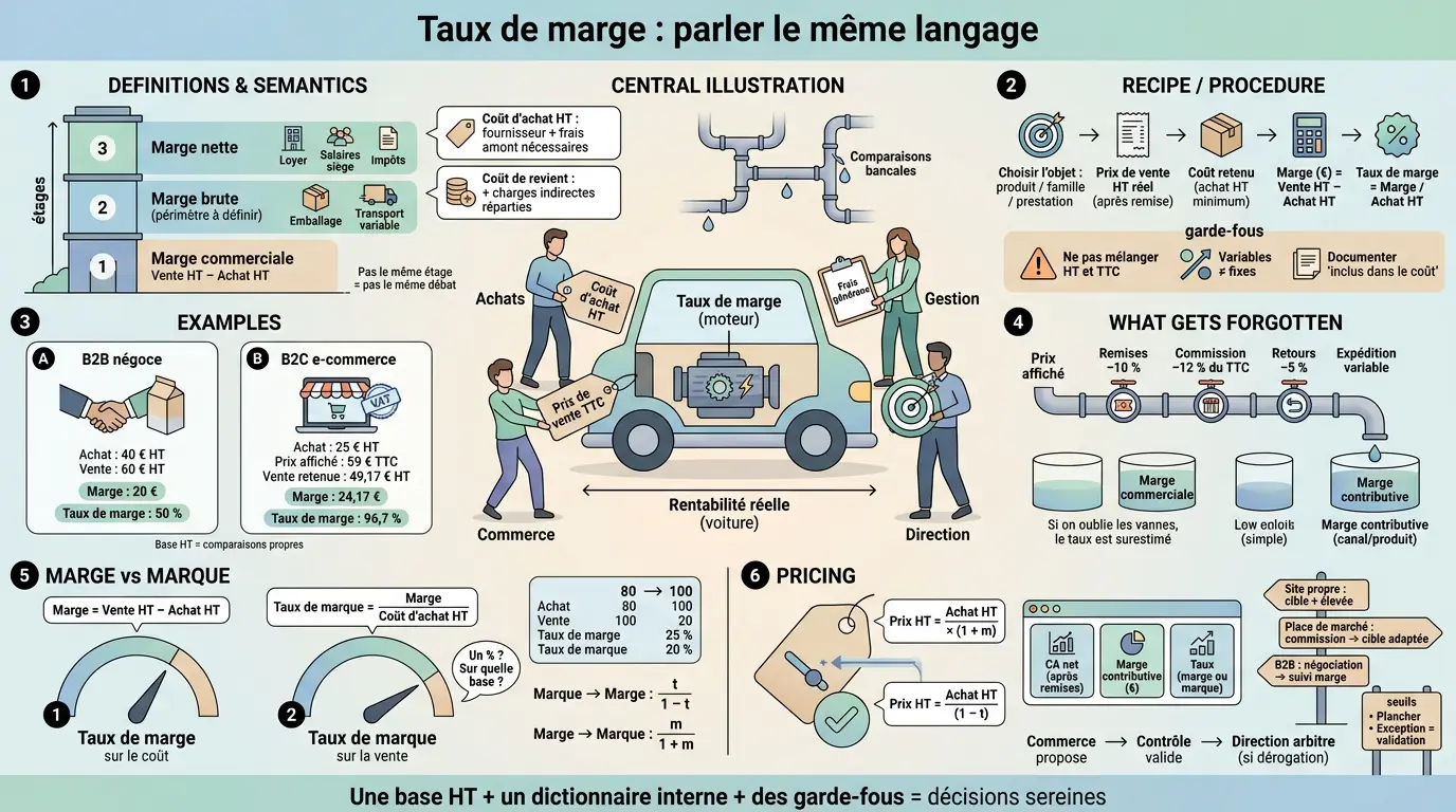Infographie éducative illustrant le taux de marge calcul avec des métaphores visuelles et des définitions claires.