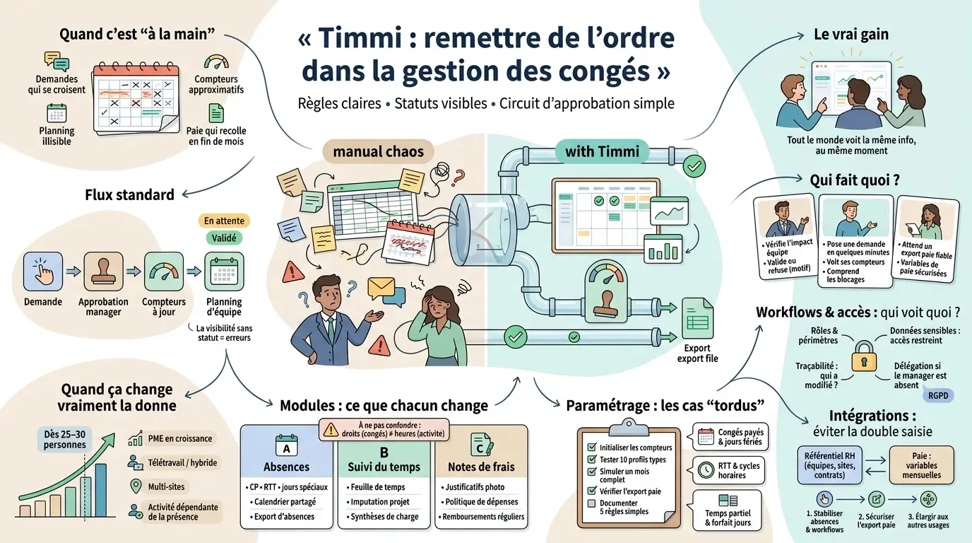 Infographie expliquant comment timmi organise la gestion des congés, transformant le chaos manuel en flux clair et efficace.