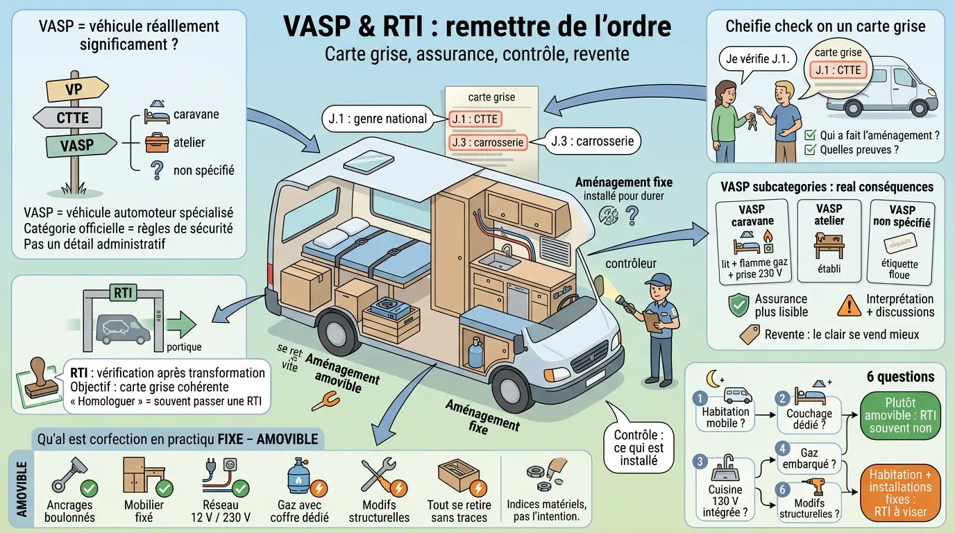 Infographie éducative sur le vasp et RTI pour fourgon aménagé, illustrant aménagement amovible vs fixe et vérifications.