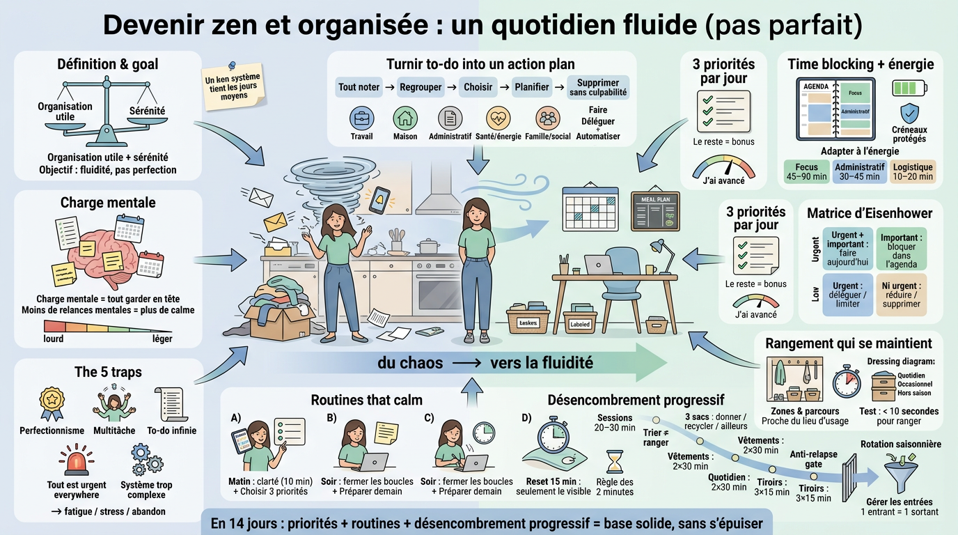 Infographie illustrant comment devenir zen et organisée, avec des métaphores visuelles sur le chaos et l'ordre.