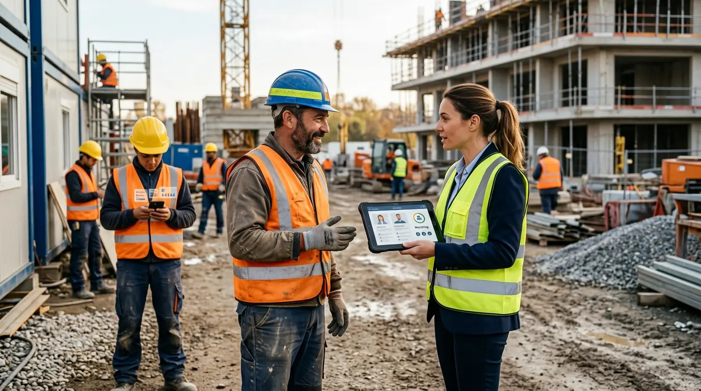 Scène moderne de recrutement BTP avec un consultant et un ouvrier, ambiance professionnelle et travail d'équipe, asapwork.