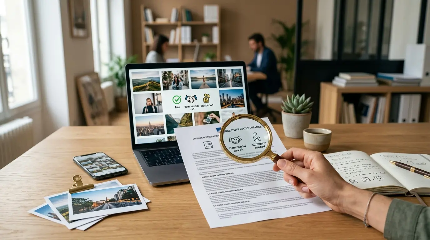 Bureau moderne avec ordinateur affichant des vignettes, smartphone, photos imprimées et document de licence sur la banque images gratuite.