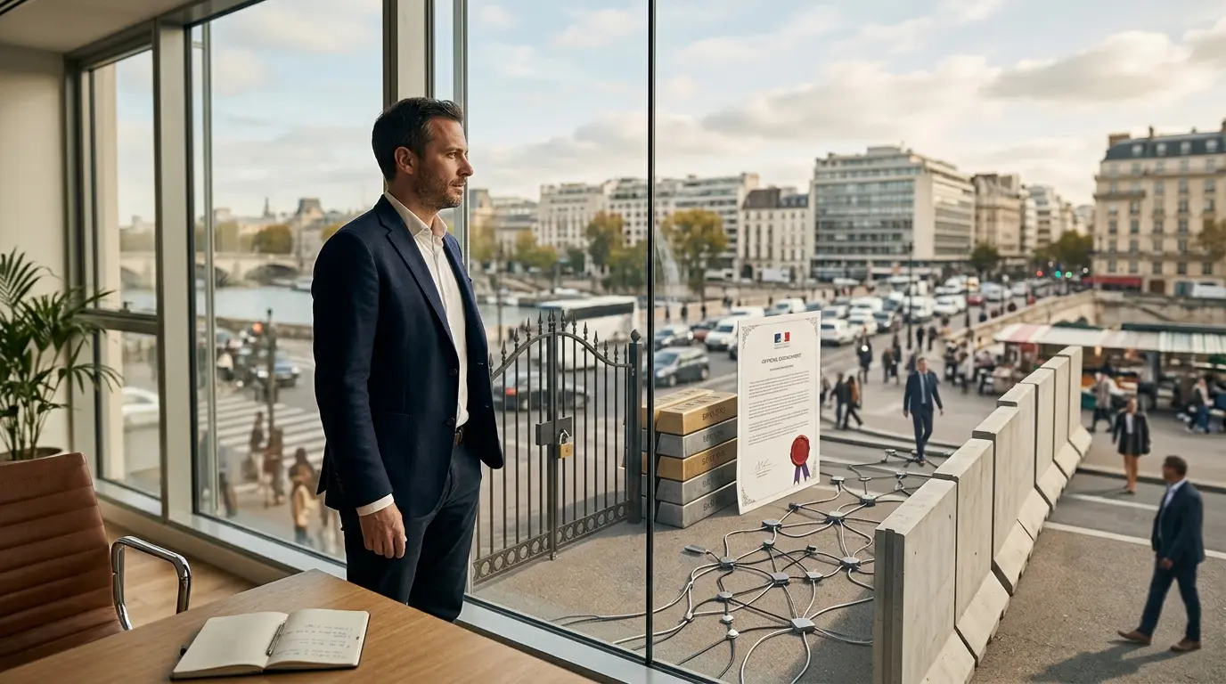 Entrepreneur observant un paysage de marché avec des obstacles symbolisant les barrières à l'entrée et la compétition.