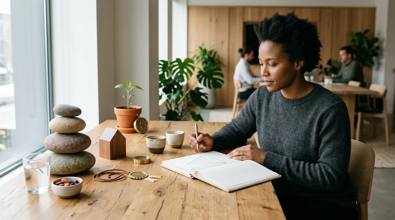 Bureau moderne illustrant les besoins pyramide de maslow avec objets symboliques et un professionnel réfléchi.