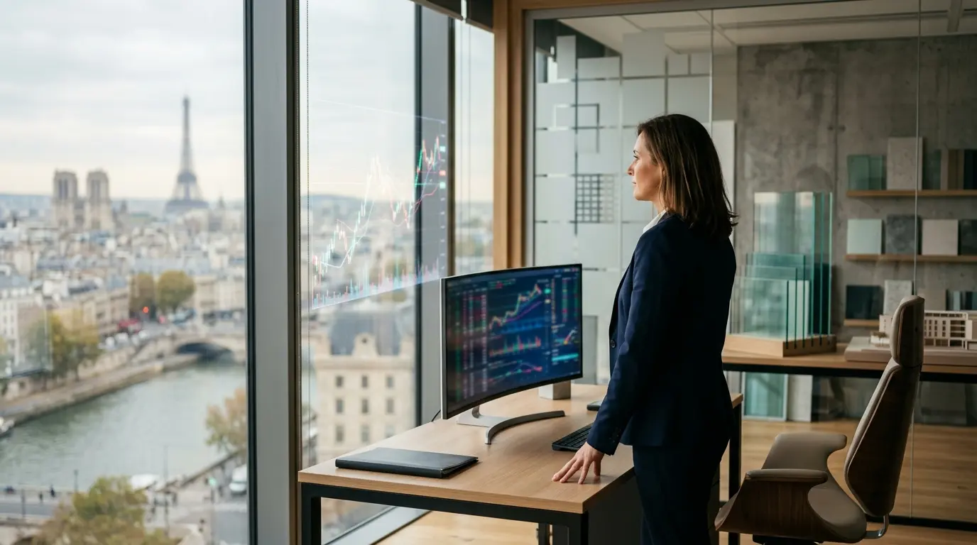 Couverture d'article sur les bourses Saint Gobain, montrant un bureau de trading moderne à Paris avec des graphiques financiers.