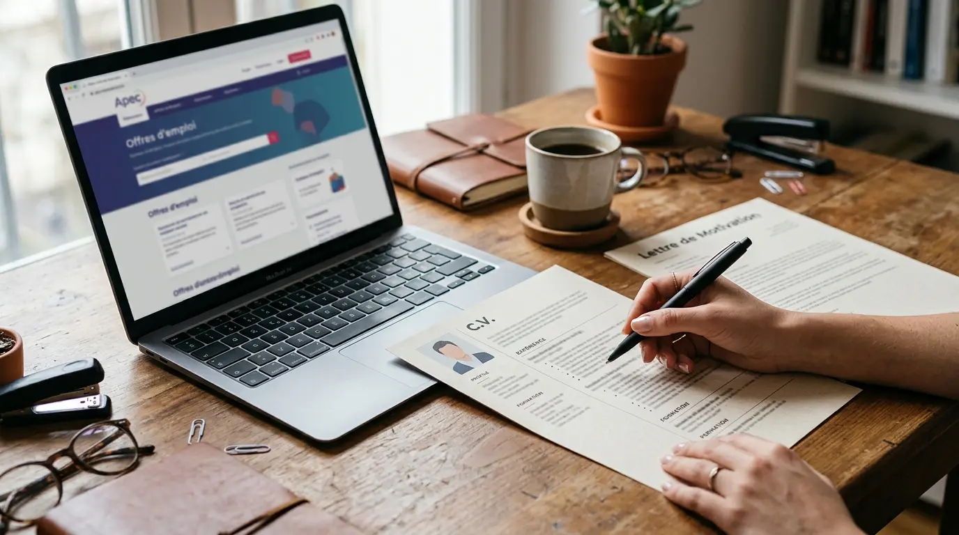 Main tenant un stylo sur un CV, illustrant le concept de candidater synonyme dans un environnement de travail chaleureux.