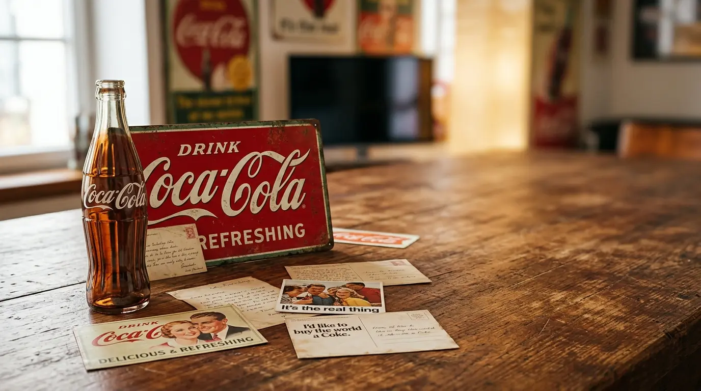 Évolution des coca slogans avec une bouteille classique, une enseigne vintage et des cartes de campagne sur une table en bois.