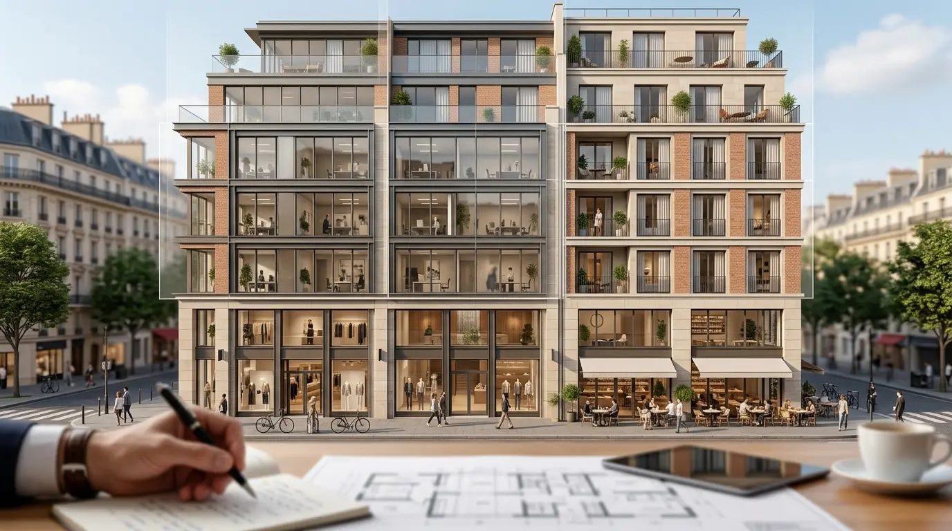 Couverture d'article sur la copropriété division en volume, montrant un bâtiment urbain avec sections résidentielles et commerciales.