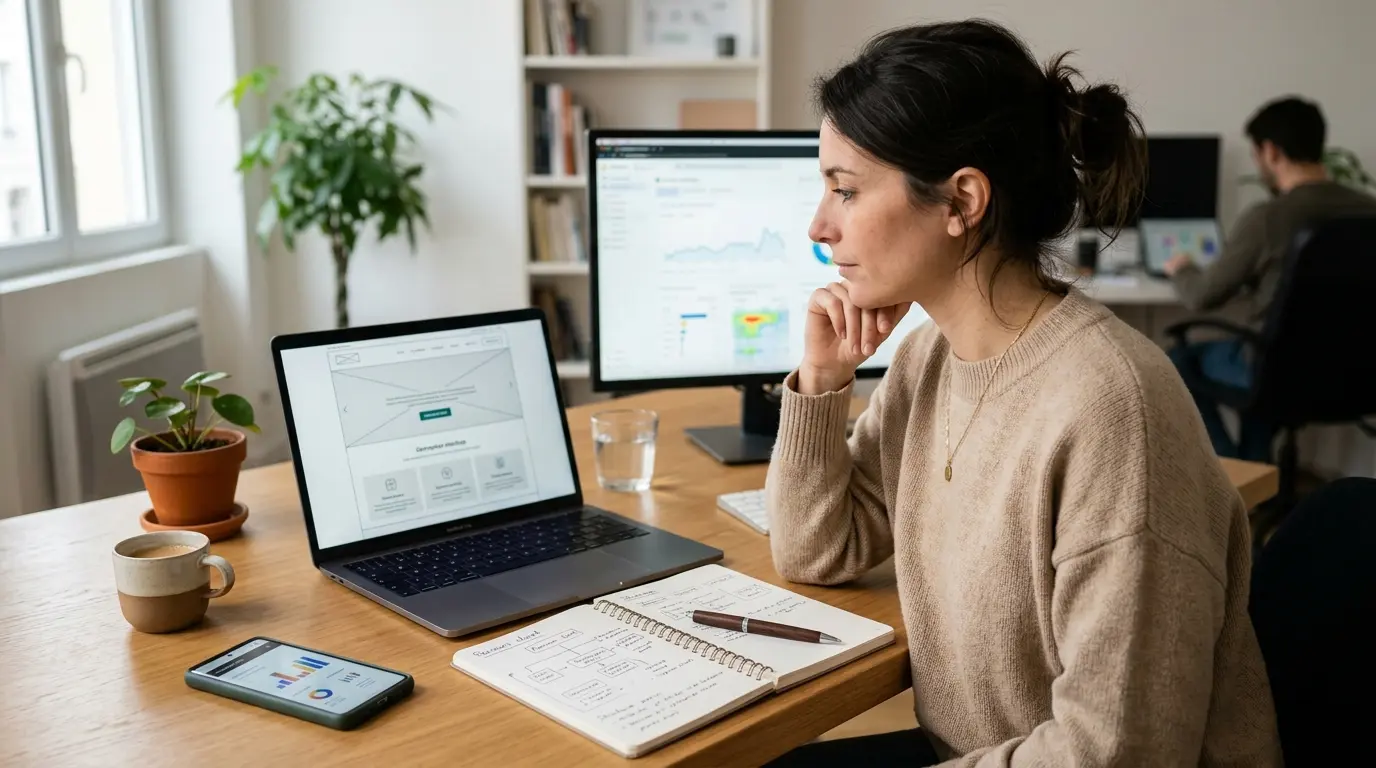 Espace de travail moderne avec un ordinateur et des notes pour creer site web professionnel, ambiance chaleureuse et organisée.