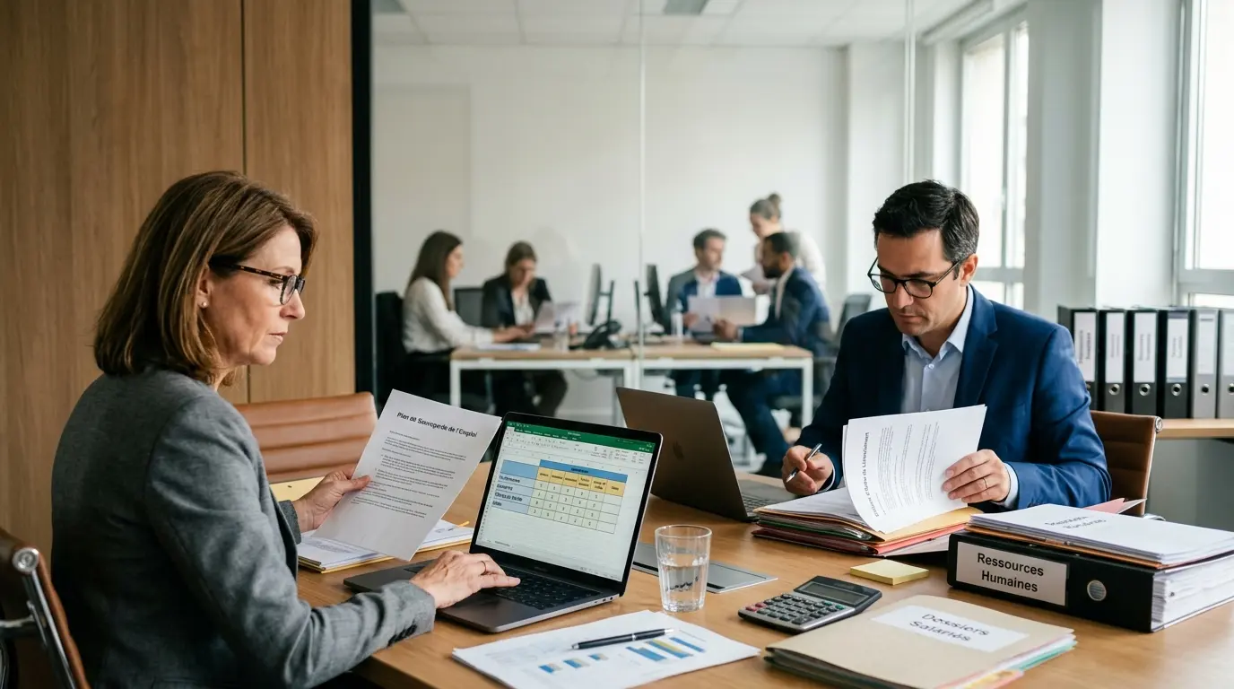 Scène de réunion dans un bureau moderne, un manager examine des critères licenciement économique sur un ordinateur portable.