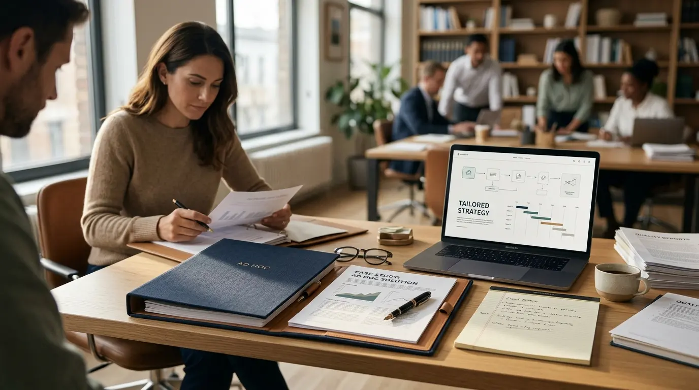 Bureau élégant avec document et ordinateur, illustrant la définition ad hoc dans un environnement professionnel chaleureux.