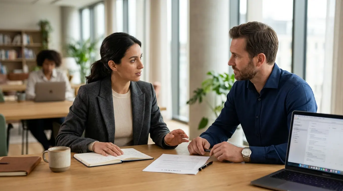 Couverture d'article illustrant la définition d un engagement avec un bureau moderne, contrat signé, calendrier et poignée de main.