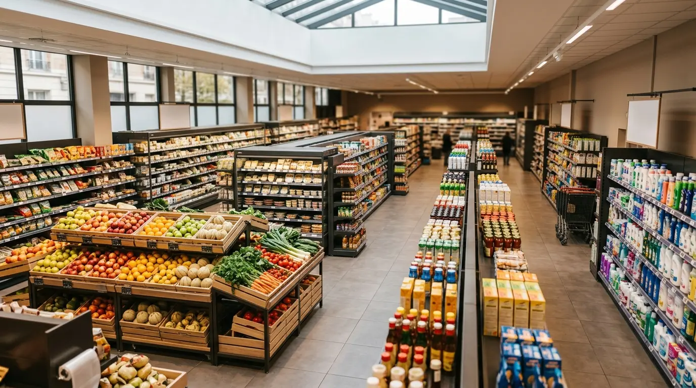 Intérieur d'un supermarché moderne, illustrant la définition supermarché avec des rayons bien organisés et une ambiance accueillante.
