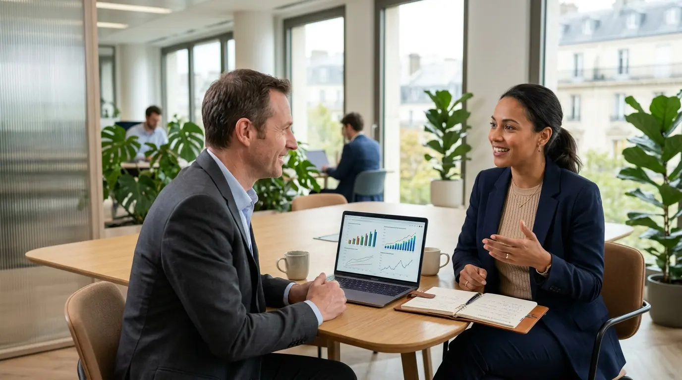 Professionnel confiant en discussion avec son manager pour demander augmentation, bureau moderne, ambiance élégante et chaleureuse.