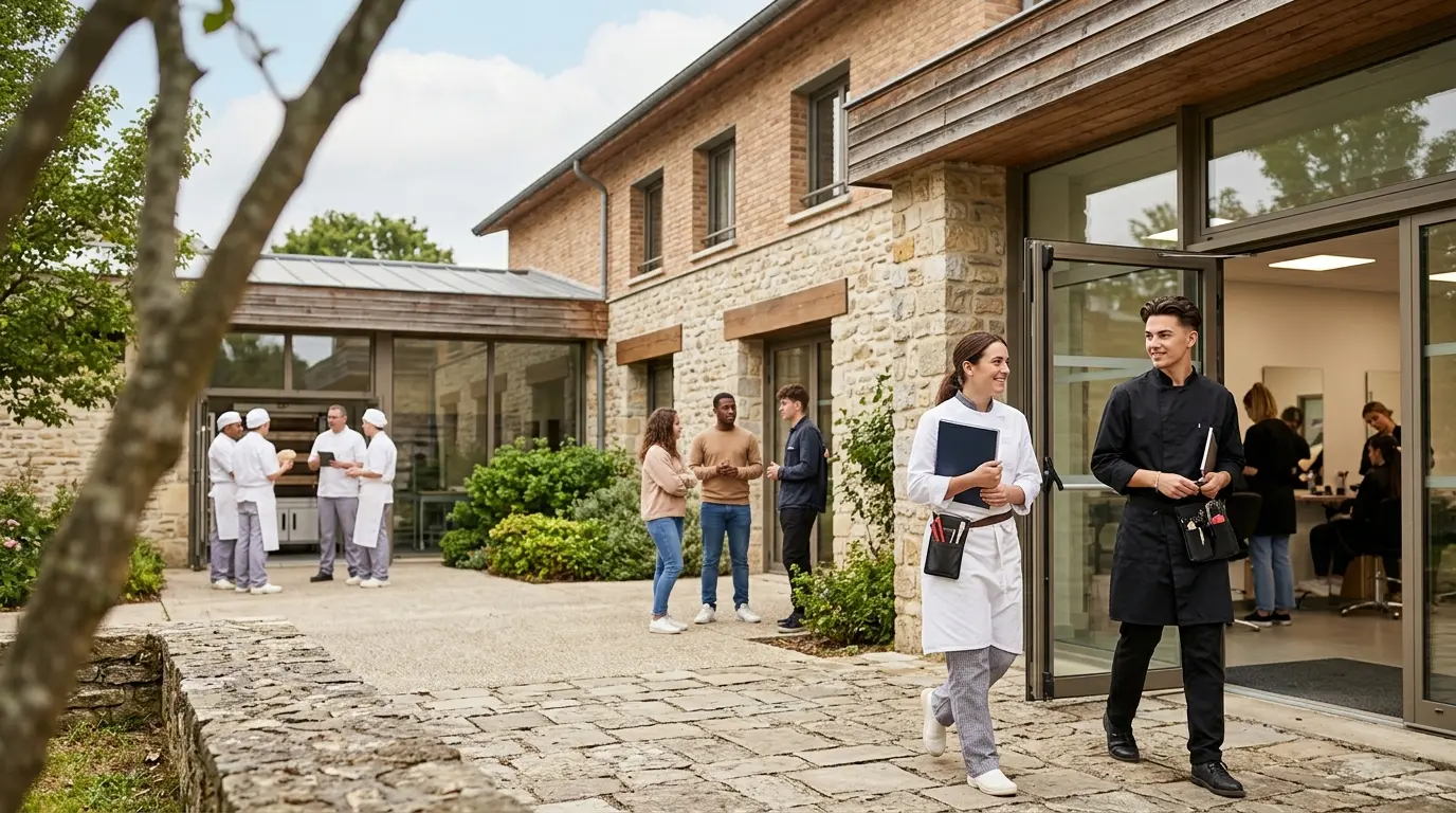 Couverture d'article montrant le centre de formation dg formation plus à Compiègne, avec des apprentis en action dans divers métiers.