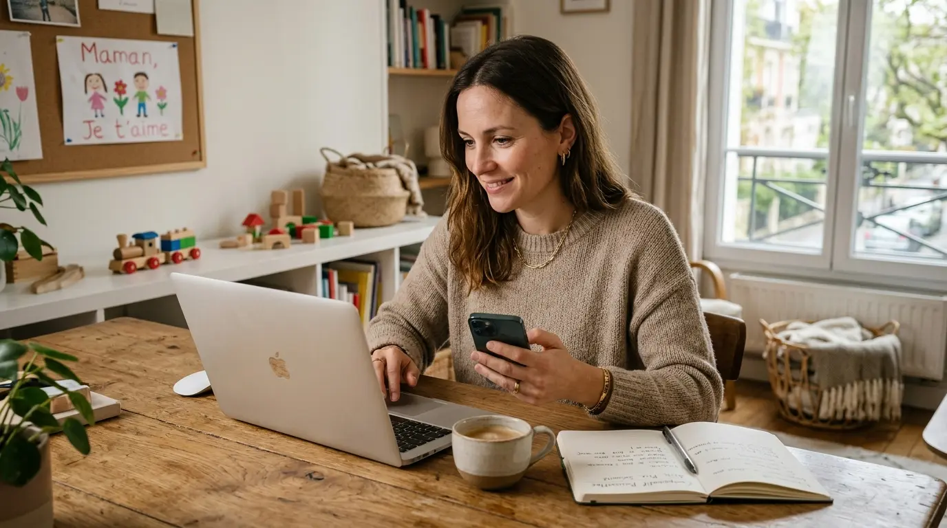 Mère connectée, utilisant smartphone et laptop, entourée d'objets familiaux, illustrant le quotidien des digital mums.