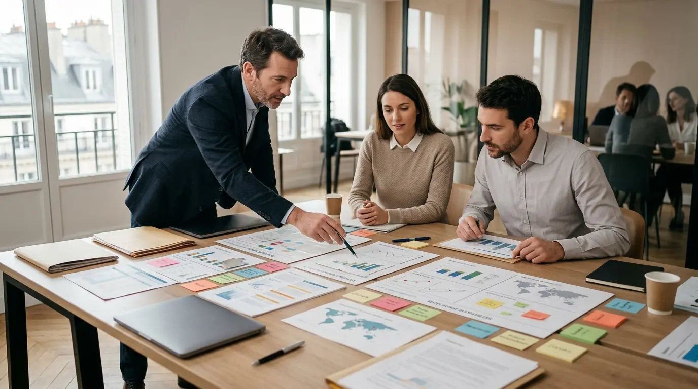 Analyse de portefeuille d'activités stratégiques avec une équipe autour d'un tableau, illustrant le domaine d'activité stratégique.