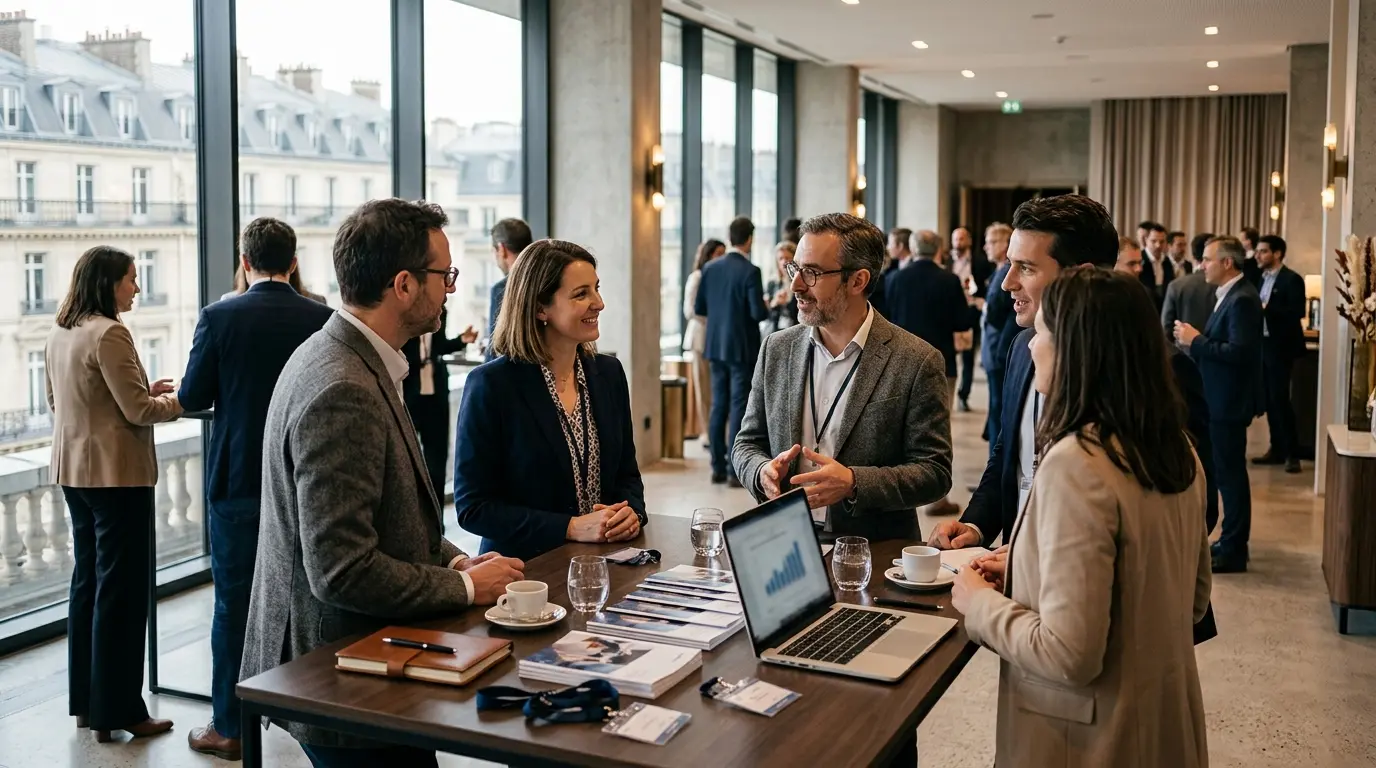 Evenement professionnel Paris avec des professionnels en costume échangeant des idées dans un cadre élégant et moderne.