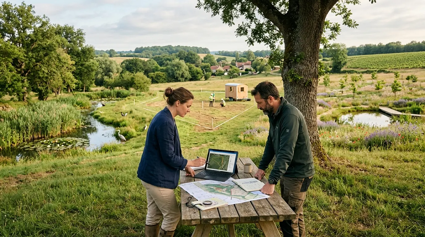 Scène de planification environnementale illustrant la hiérarchie éviter réduire compenser avec un architecte paysagiste en action.